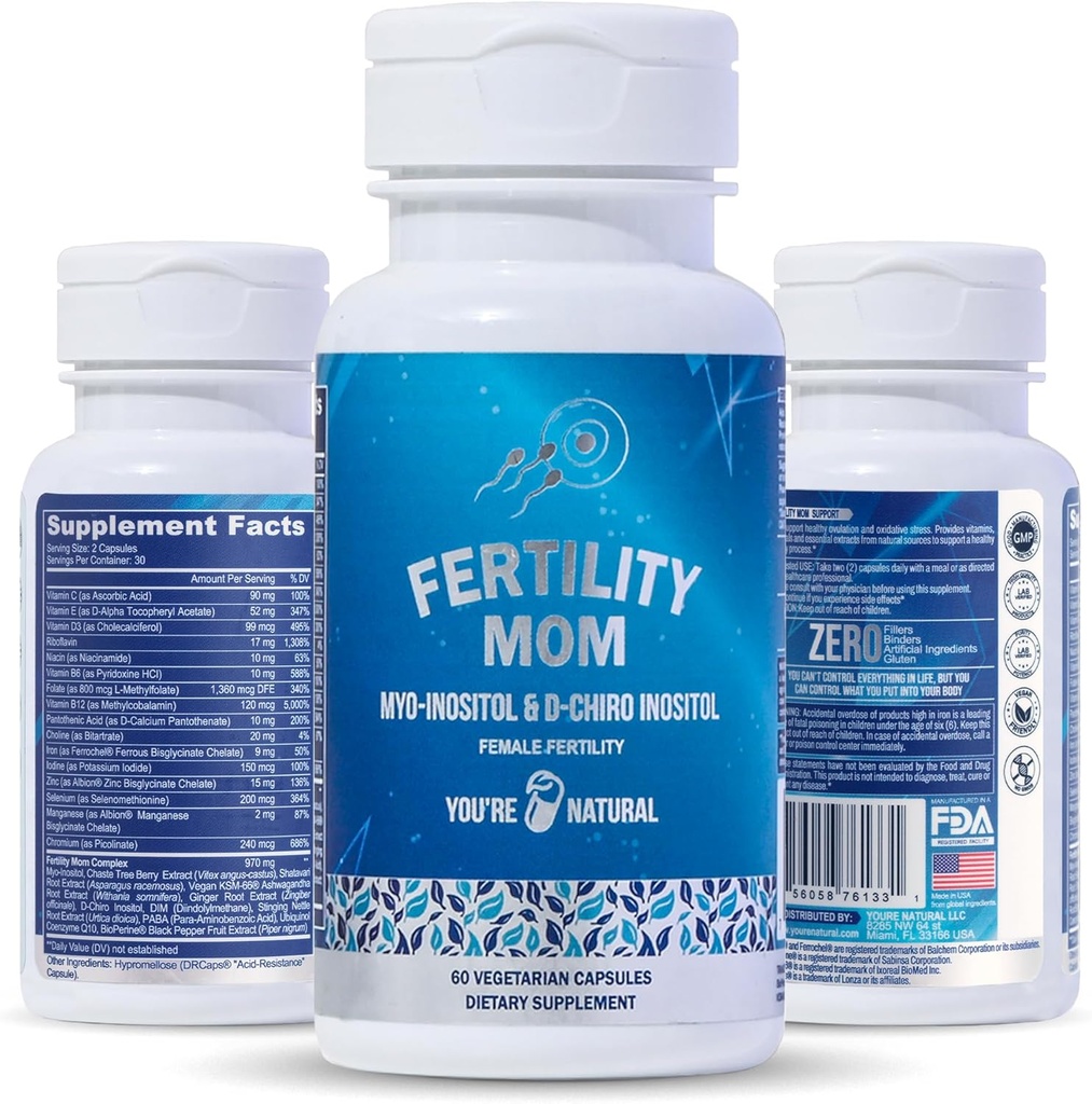 USTED ES NATURAL Concepción Fertilidad Vitaminas para Mujeres - Vitaminas Prenatales - Myo-Inositol, D-Chiro Inositol &amp; Folate, Regula Ciclo, Ovulación de Ayuda, Apoyo hormonal &amp; Ovariano, Vitex, 30 Day Supply