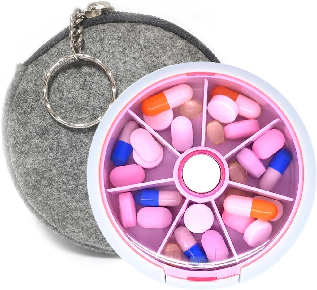 Pill Organizer Travel Pill Case for Purse Portable Pill Box Round Weekiy Pill Container for Vitamin Fish Oil Pills Supplements (Pink+Bag)