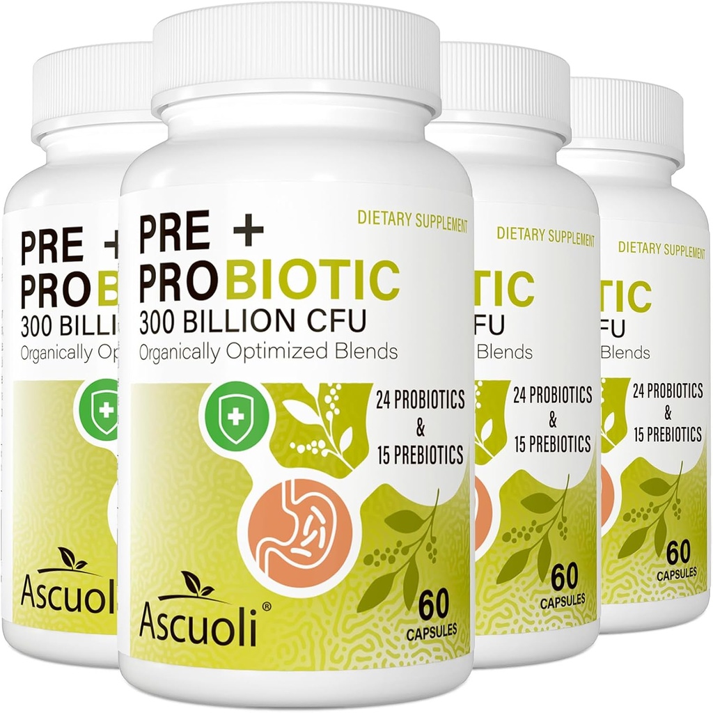 Probióticos para Mujeres y Hombres - 300 Billones CFU, 24 Strains + 15 Hierbas orgánicas Prebióticos Blend, Probiótico diario para la salud digestiva, Immune, Gut, Bloating - 240 cápsula vegetariana (240-Days Supply)