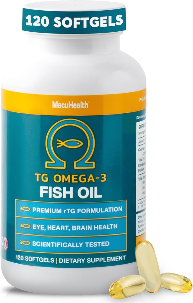 Macuhealth Omega 3 Fish Oil - 1100mg DHA, 1100mg EPA, Eye &amp; Brain Health Supplement, Triglyceride Formula, 120 Softgels