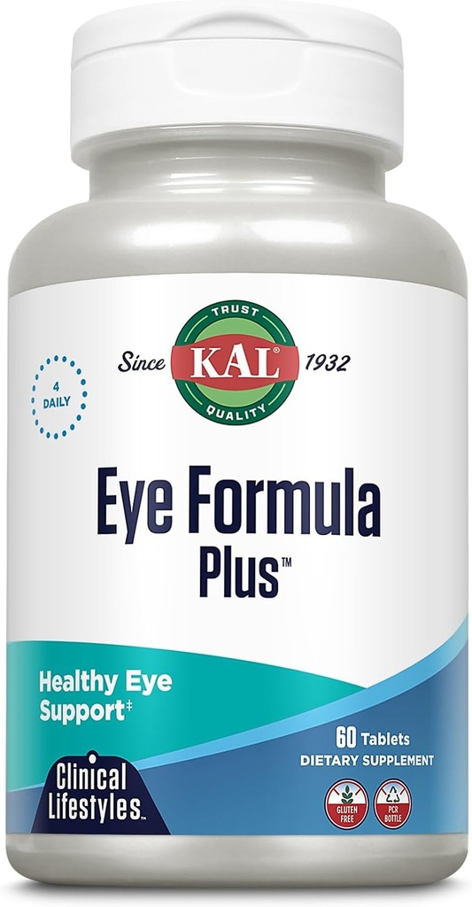 KAL Eye Formula Plus, Eye Care and Vision Supplements for Adults, with Eye Vitamins Lutein and Zeaxanthin, Plus Bilberry Extract, Goji and Blueberry Extract, 60-Day Guarantee, 15 Servings, 60 Tablets