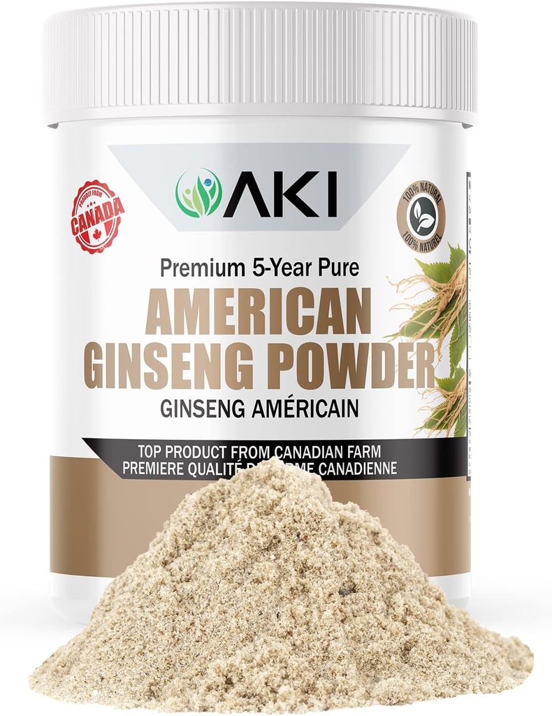 AKI American Ginseng Powder con 4% Ginsenosides - Ideal con café, Bebidas Como Smoothies - Pack de 1 (1.5oz/42.5g)