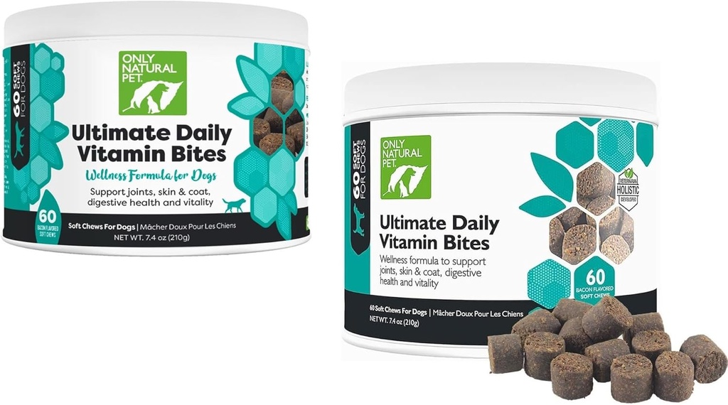 Sólo Natural Pet Ultimate Daily Vitamins - Suplemento multivitamínico completo para perros Balanced Health & Vitality - Senior Small &amp; Large Canine Food Immune Digestive Support -60 Soft Chews (Pack of 2)