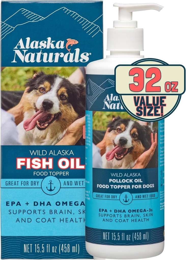 Alaska Naturals Wild Alaskan Fish Oil Supplement for Dogs Skin and Coat with EPA DHA Omega 3 Fatty Acids Sustainable Liquid Food Topper 32 oz. Bomba