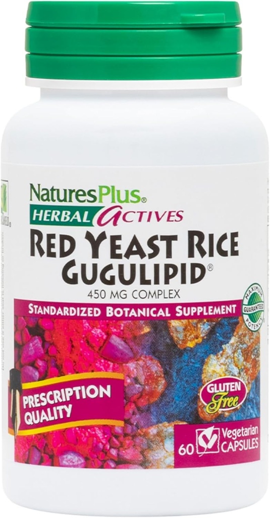 NaturesPlus Red Yeast Rice Gugulipid Complex - 450 mg, 60 Vegan Capsules - Prescription Quality Herbal Supplement, Cholesterol Support - Vegetariano, Gluten-Free - 60 Servings
