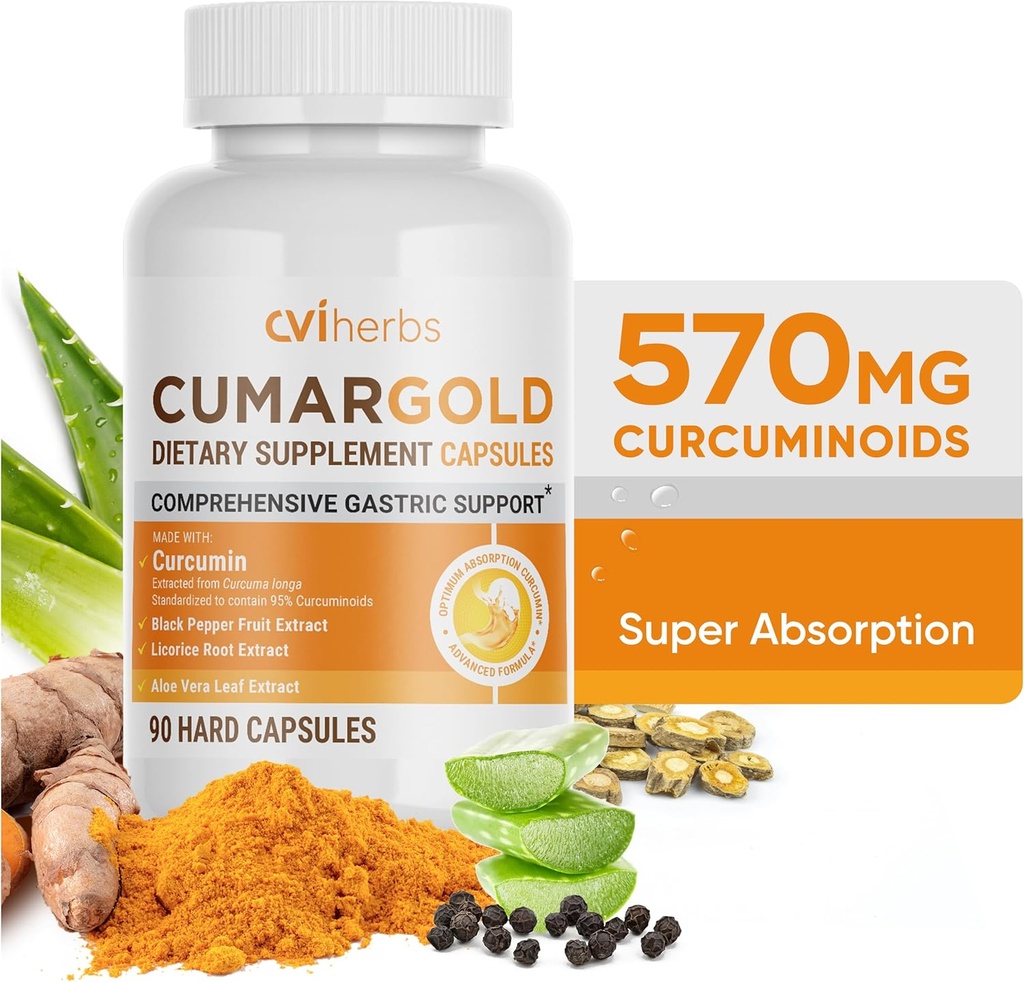 Cumargold 570mg Curcuminoids Turmeric Curcumin Suplemento con Piperina, Licorice Root &amp; Aloe Vera - High Potency Natural Wellness Capsules (90 Cuenta)