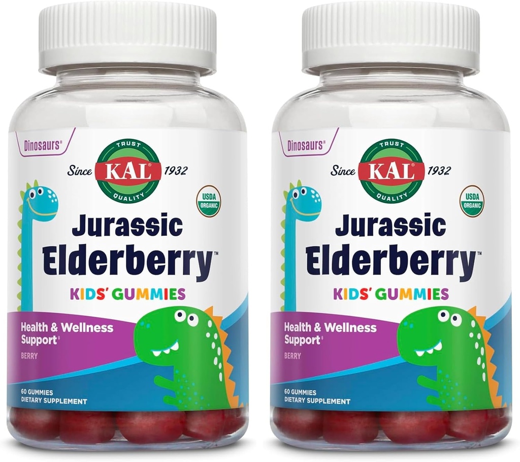 KAL Jurassic Elderberry Kids Gummies ← Healthy Immune Support  USDA Organic, Vegan, Gluten Free ← 30 Serv, 60 Ct (Pack of 2)