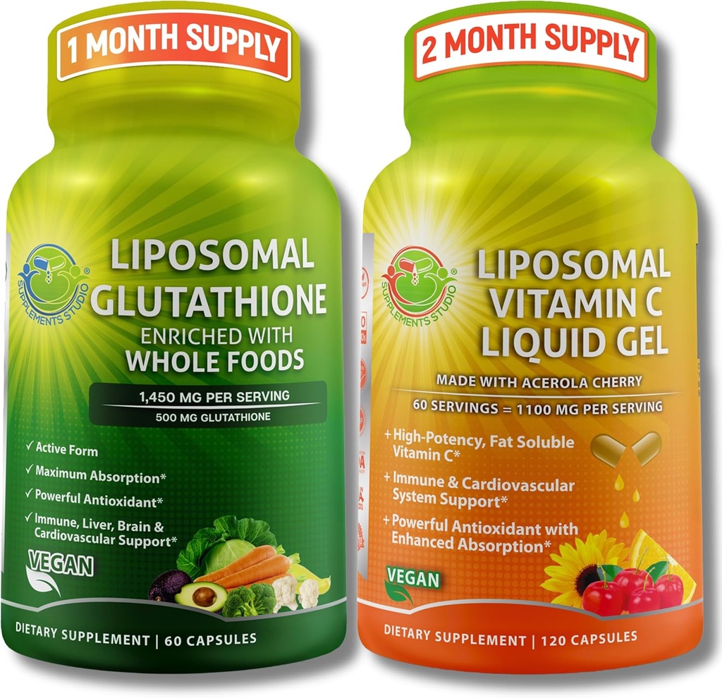 SUPPLEMENTOS STUDIO Antioxidante, Cellular &amp; Immune Support Bundle – Liposomal Glutathione 500mg con alimentos orgánicos enteros + vitamina Liposomal C 1100mg con cereza orgánica Acerola