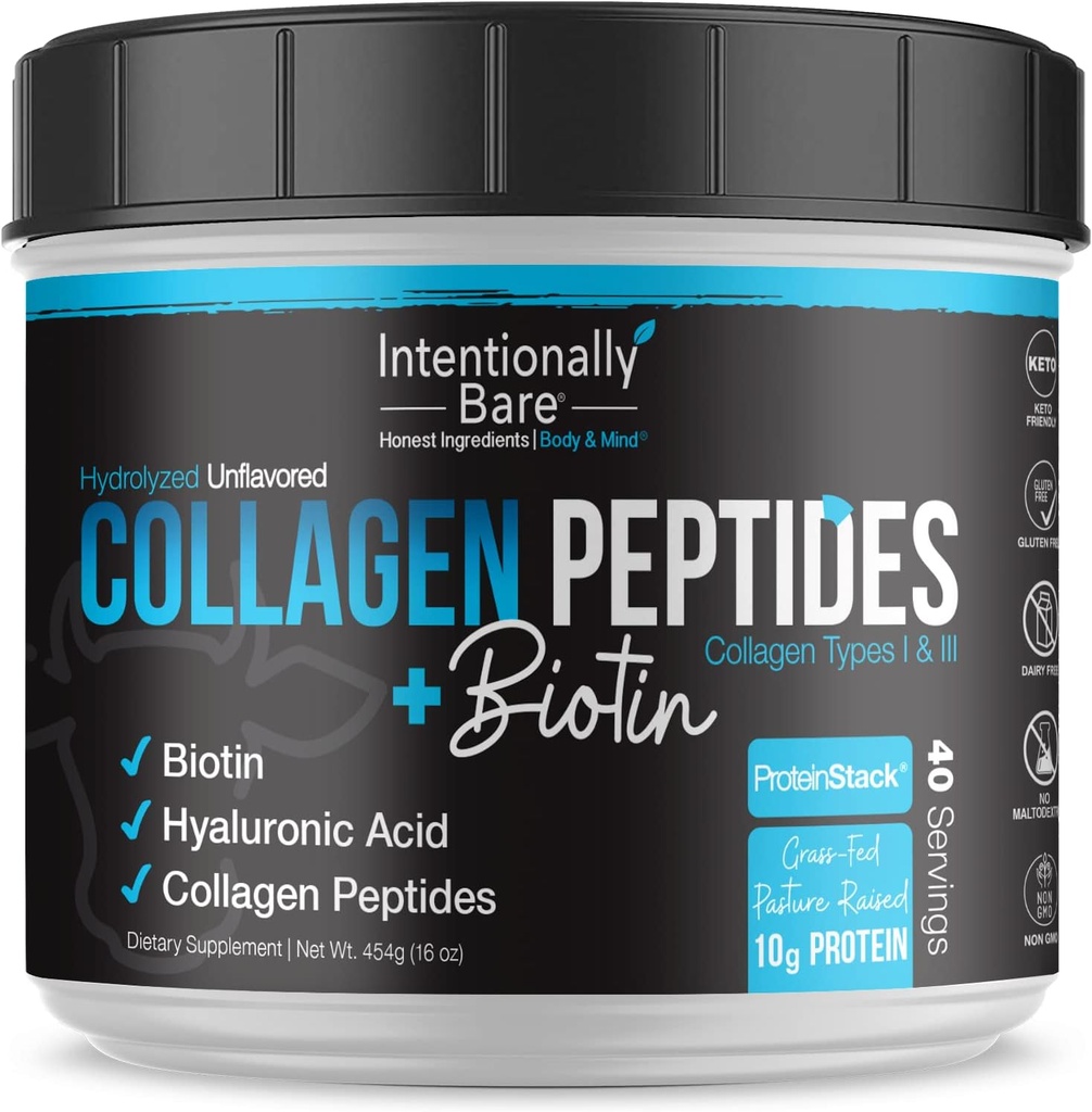 Intencionally Bare Collagen Powder Unflavored - Colagen Peptides Polvo con ácido hialurónico Biotina - No GMO &amp; Grass Fed Collagen Powder Protein con 10g Proteína - Keto Collagen Powder 40 Servings