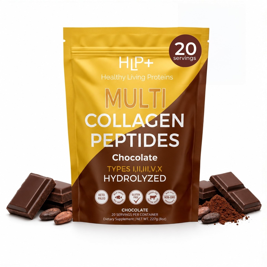 Proteínas vivas saludables - Péptidos multi colágeno hidrolizado Tipos de pólvora I, II, III, V &amp; X - Grass Fed Bovine, Wild Caught Marine, Free Range Chicken - Gluten Free (Chocolate, 8 oz)