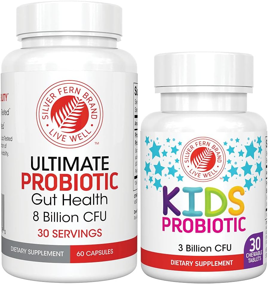 Probióticos de la familia de la marca de fern de plata - Probiótico de adultos máximo (1 botella = 60 cápsulas) Plus Probiótico de niños máximo (1 botella = 30 chewables) - Gut Health & Microbiome Support