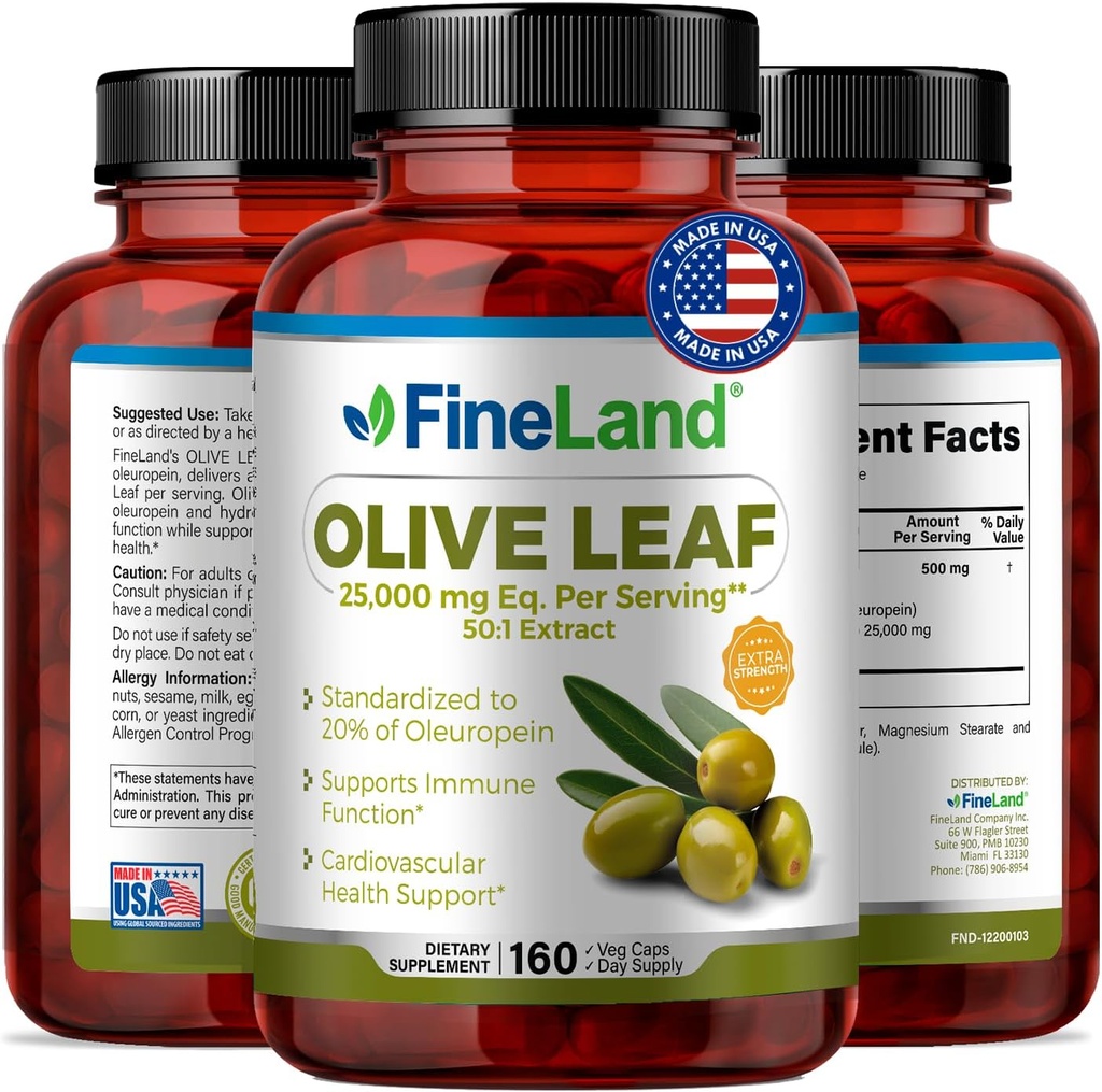 FineLand Olive Leaf Extract 50x – 25,000mg Eq. per Serving TEN 160 Vegan Caps, Olive Extract with 20% Oleuropein TEN Herbal Antioxidant Supplement for Circulatory and Immune Support, Made in USA