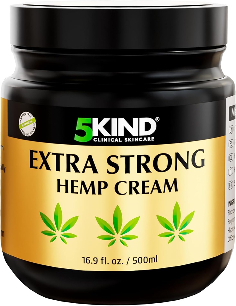 5kind Extra Strong Hemp Cream 16.9 fl oz- Maximum Strength - Natural Soothing Relief - Muscle Rub for Lower Back, Joints, Neck, Knees & Hombros - Maximum Strength Hemp Cream