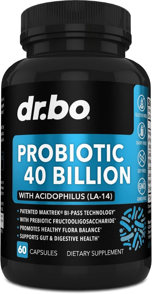 Probiótico 40 Billion CFU Suplemento - Lactobacillus Acidophilus Probiotics for Women &amp; Men Capsules - Gluten Free Probiotics for Digestive Health Pills with Bifidobacterium, Plantarum, Paracasei, FOS