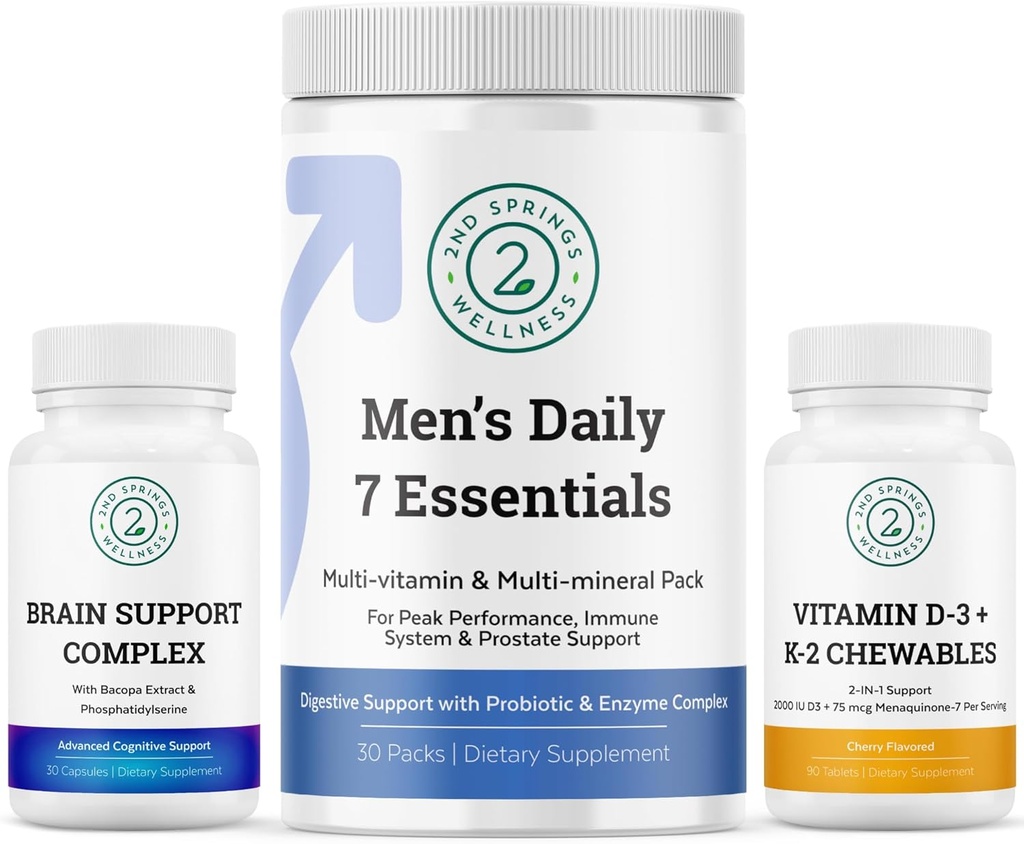 Conjunto de Vitality para Hombres: Complejo de Apoyo al Cerebro, Hombres Daily 7 Essentials, y Vitamina D3 + K2