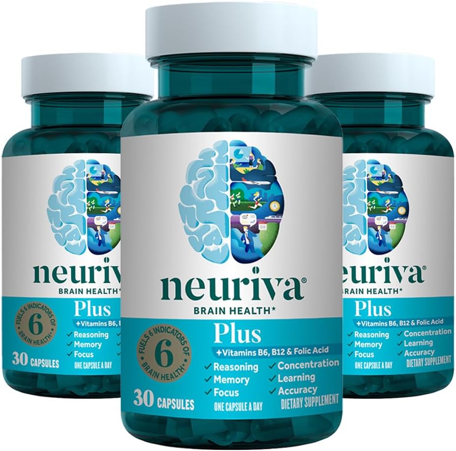 Suplemento cerebral NEURIVA Plus para memoria, concentración + función cognitiva con fosfatidilserina y neurofactor, VIT B6 &amp; B12, 30 cápsulas de cuenta (3 Pack)