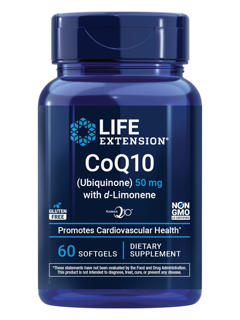 Life Extension Super-Absorbable CoQ10 (Ubiquinone) with d-Limonene, Heart Health Supplement, relieves General Fatigue, oxidative Stress Defense, 50 mg, Non-GMO, Gluten-Free, 60 softgels