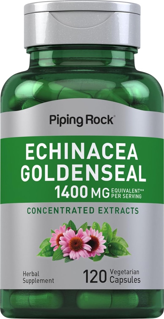 Piping Rock Echinacea Goldenseal Capsules  1400mg ← 120 Vegetarian Capsules ← Non-GMO, Gluten Free Supplement