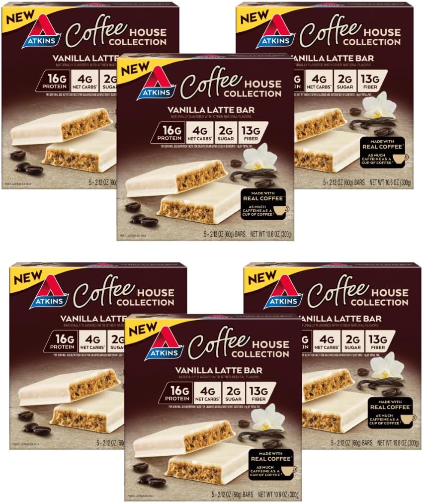 Atkins Coffee House Meal Bar, Vanilla Latte, 16g Proteína, 4g Net Carbs, 2g Azúcar, 13g Fiber, Hecho con Café Real, 5 Conde (Pack of 6)