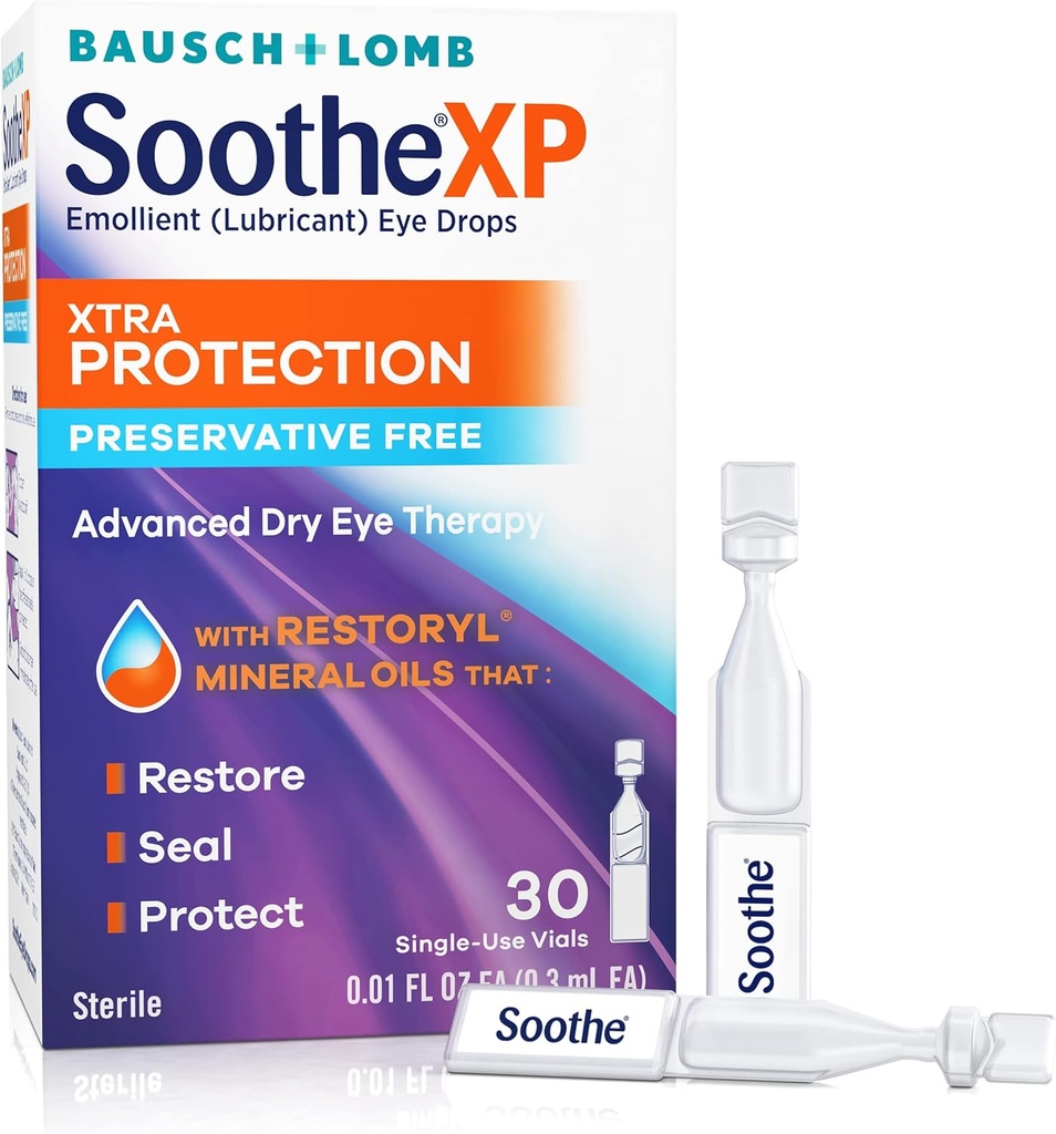Soothe XP Preservative Free Eye Drops, Xtra Protection Lubricating Eye Drops for Dry Eyes, Relieves Irritation &amp; Protects Against Tear Loss, Advanced Dry Eye Therapy, Single Use Vials, 30 Count