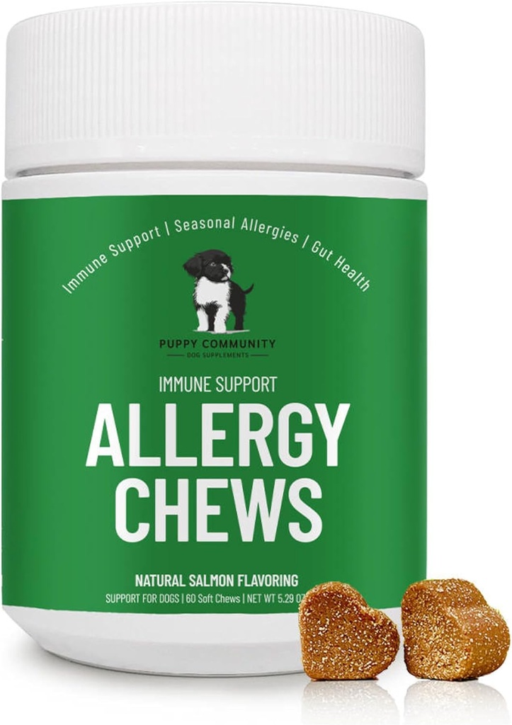 Alivio de la alergia: Soothe Itchy Dogs with Immunity Support – Cerdos de alergia al perro, Probióticos para perros, alergias estacionales, Skin and Coat Suplemento - 60 Bites de Tasty, Brown