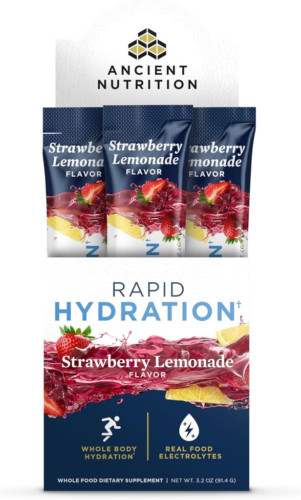 Ancient Nutrition Rapid Hydration Powder, Strawberry Lemonade, Electrolytes from Natural Sea Salts and Red Marine Algae, Supports Rapid Body Hydration and Cellular Health, 15 Servings