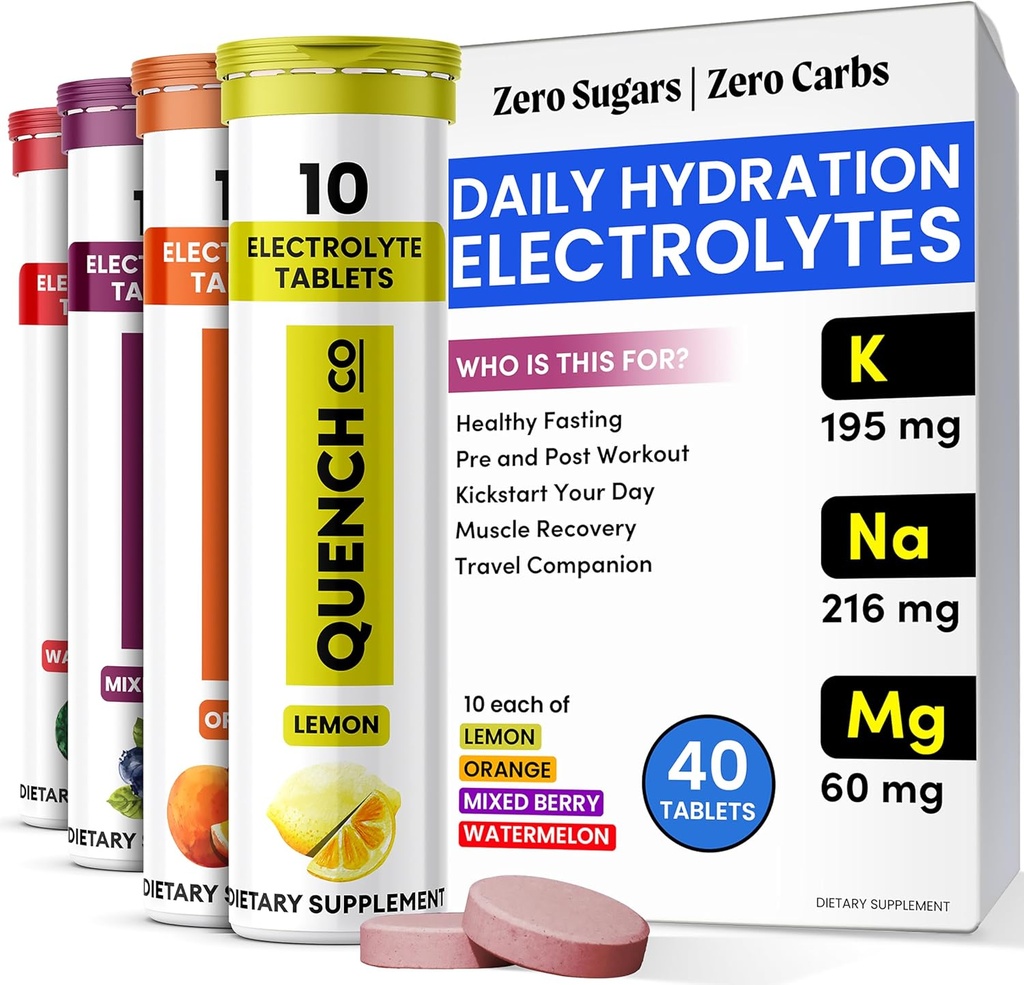 Quench Electrolyte Tablets 40 Cuenta Hydration Instant, Electrolytes, Fasting Electrolytes No Sugar for Optimal Hydration Support Not Powder - Watermelon, Orange, Mixed Berry, Lemon Flavors