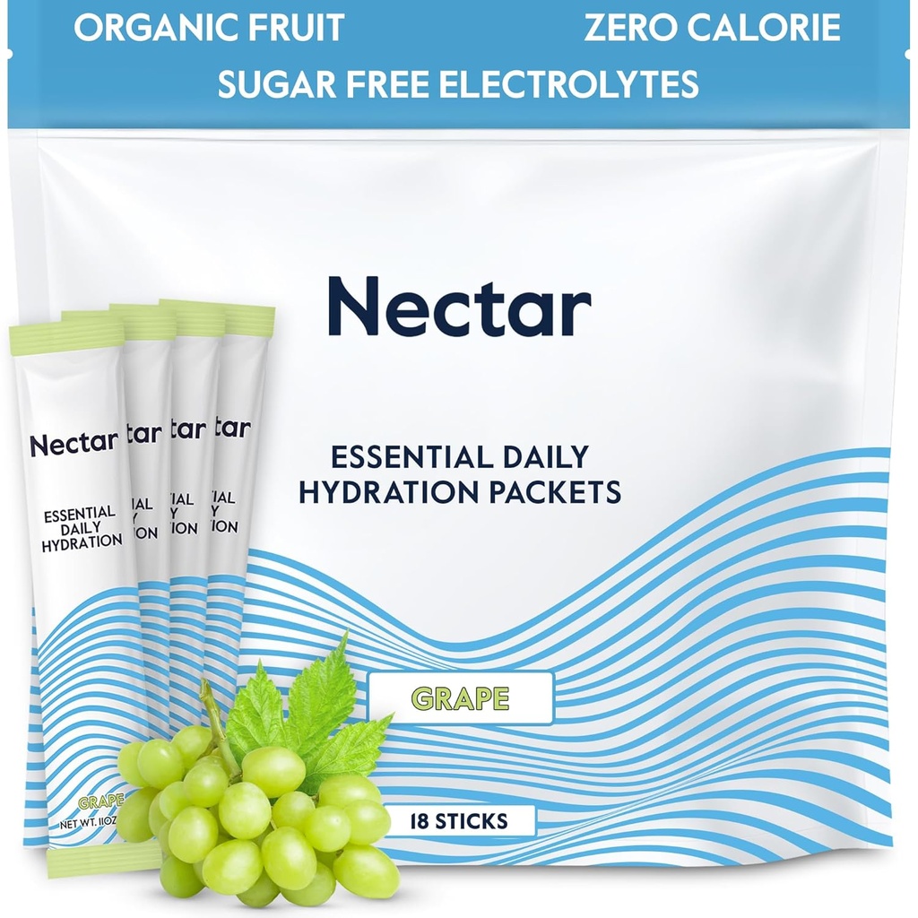 Embalajes de hidratación Nectar - Electrolitos Embalajes de polvo - Sugar Gratis > 0 Calorie - Fruto orgánico Líquido diario IV Hidrata para Alivio de Deshidratación & Rehidratación Rápida (Grape 18 Pack)