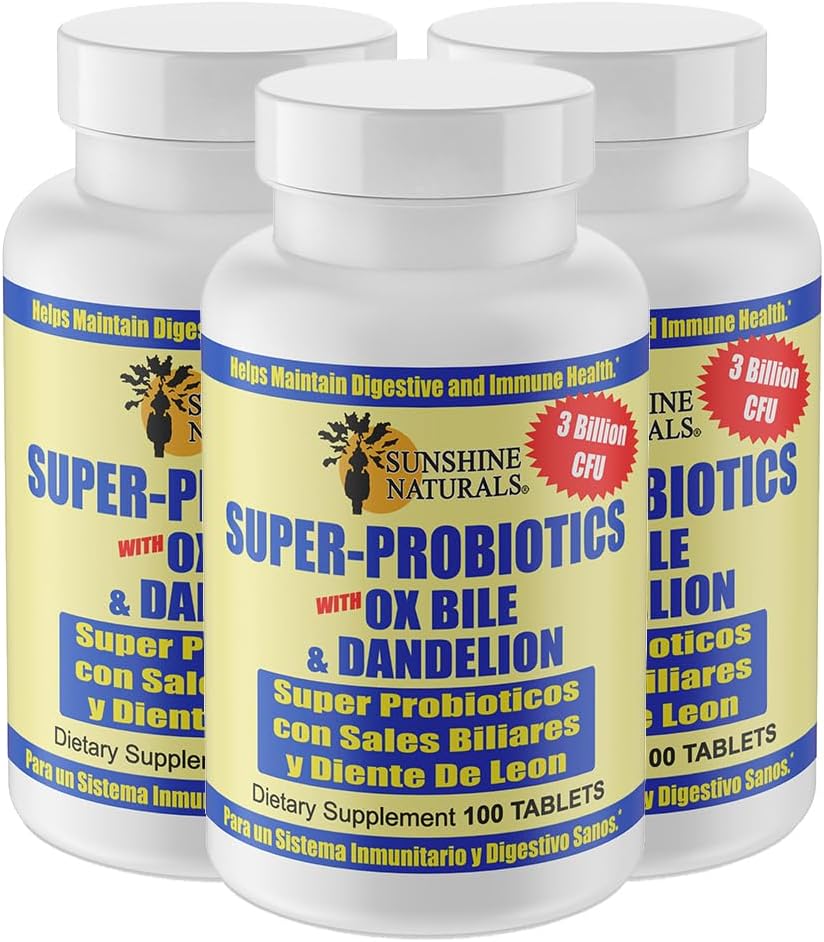 Sunshine Naturals Super Probióticos Suplemento. Mejora la digestión, Gut Health, Immune System Support y Healthy Bowel Function. Promueve Flora y Equilibrio Saludable. 100 cápsulas. Paquete de 3