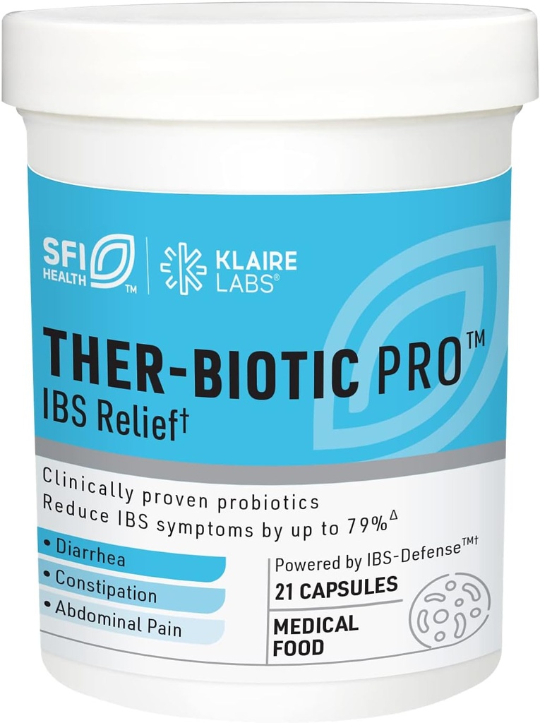 Klaire Labs SFI Health Ther-Biotic Pro IBS Relief for Women &amp; Hombres - Prebióticos " Probióticos para IBS " Digestive Health - Ease Occasional Bloating, Constipation " Discomfort (21 cápsulas)