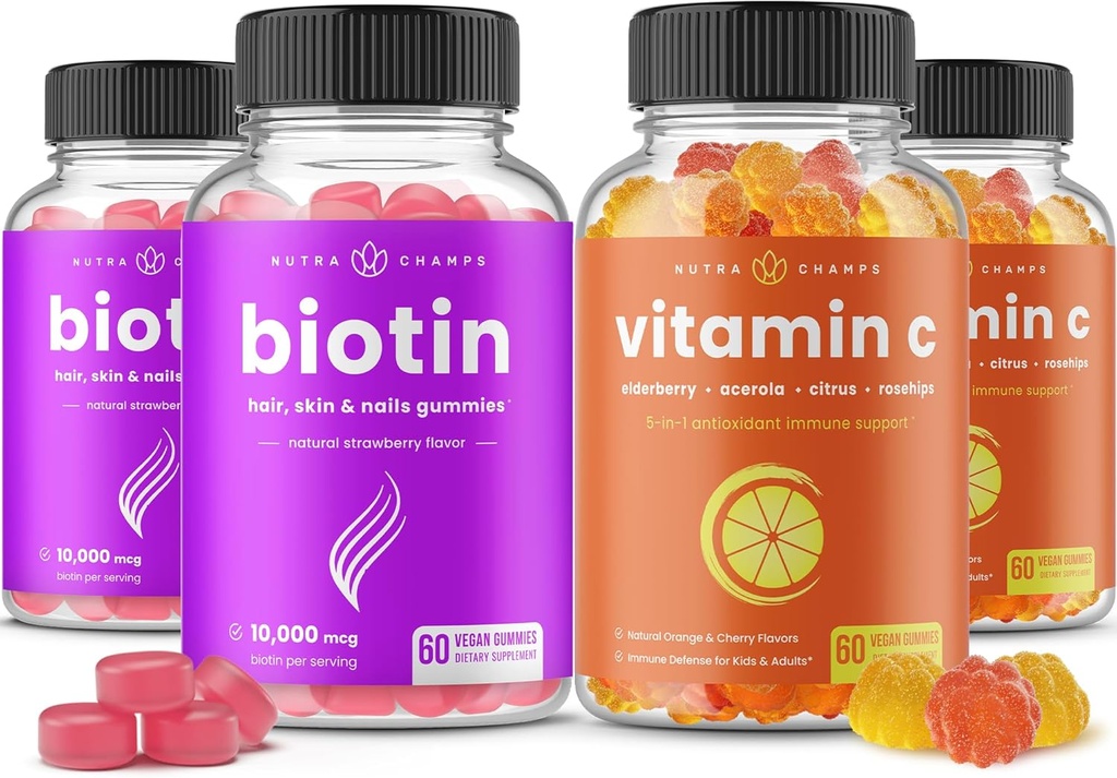 NutraChamps Biotin Gummies (2 Pack) y vitamina C Gummies (2 Pack) 4 Pack Bundle