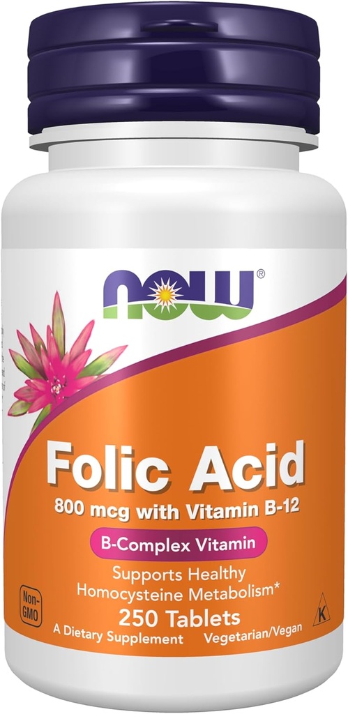 AHORA Ácido fólico 800 mcg con vitamina B-12,250 tabletas