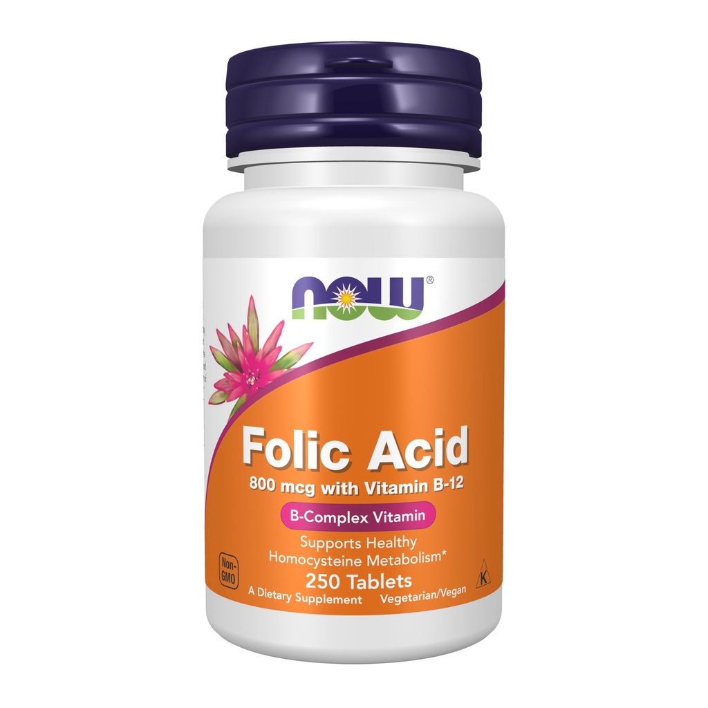 NOW Supplements, Folic Acid 800 mcg + B-12 (Cyanocobalamin) 25 mcg, B Complex Vitamin, 250 Tablets