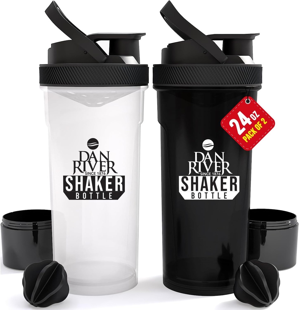 DAN RIVER 2-Pack Shaker Bottle  24oz Plastic Protein Shaker " Mixer " Twist " Lock Design for Smoothies " Protein Mixes " Durable, Leak-Proof, Easy to Clean TEN Clear " Black Shaker Bottles for Gym