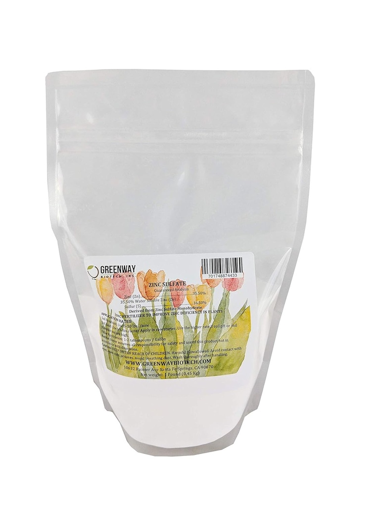 Greenway Biotech, Inc. Zinc Sulfate Powder 35.5% Monohydrate Plus 16.5% Sulfur (1 libra)