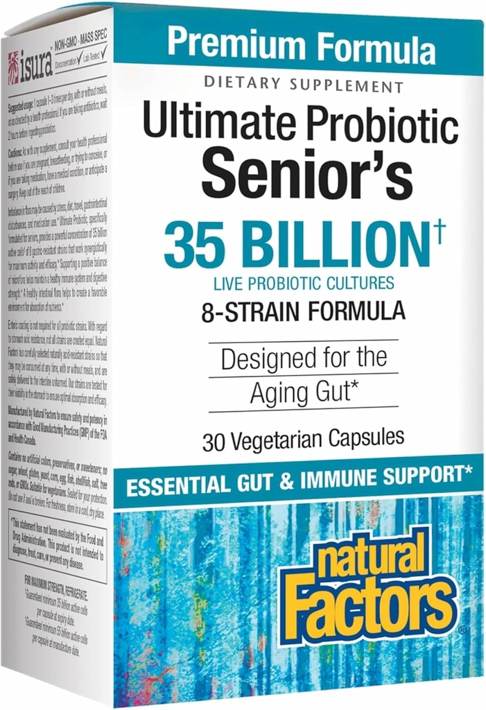 Factores naturales Último Probiótico Senior's - Suplemento Senior for Digestive & Immune Health - 35 Billion CFUs - No Gluten-Free - 30 Capsules (30 Servings)