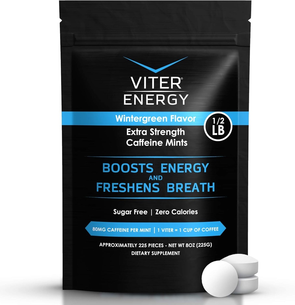 Viter Energy Extra Strength Caffeinated Mints 80mg Caffeine, B Vitaminas, Sugar Gratis. (Wintergreen, 8oz, Bulk Bag)
