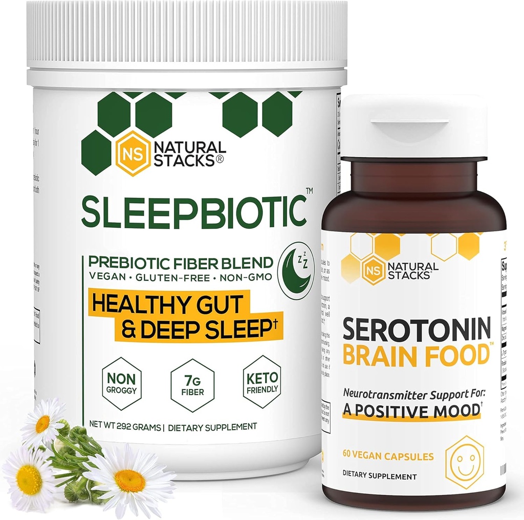 Natural Stacks Suplementos Bundle - SleepBiotic Prebiotic Fiber (292g) + Serotonin Supplement (60caps) - para Mood & Energy Boost, Mental Health, Gut Health y Better Sleep