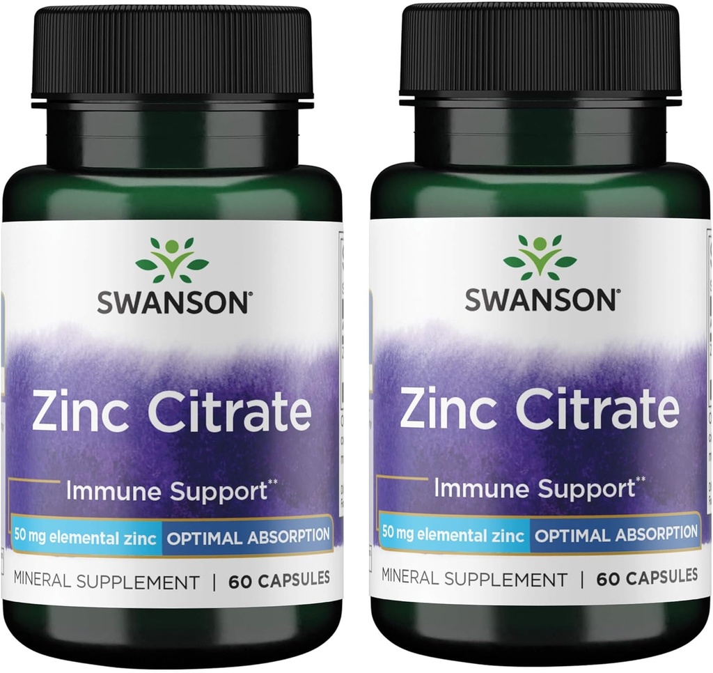 Citrato de zinc Swanson - Suplemento Mineral Promoción Visión saludable &amp; Sistema de inmunología Salud - Fórmula natural Apoyo Wellness general - (60 cápsulas, 50 mg cada uno) (2 paquete)