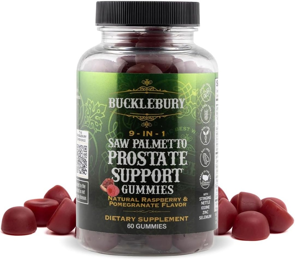 BUCKLEBURY 9-in-1 Natural Saw Palmetto Gummies with Raspberry & Pomegranate Flavor - Plant-Based Prostate Support Suplementos para Mens Bladder Health, Hair Growth & Urinary Support - 60 Gummies