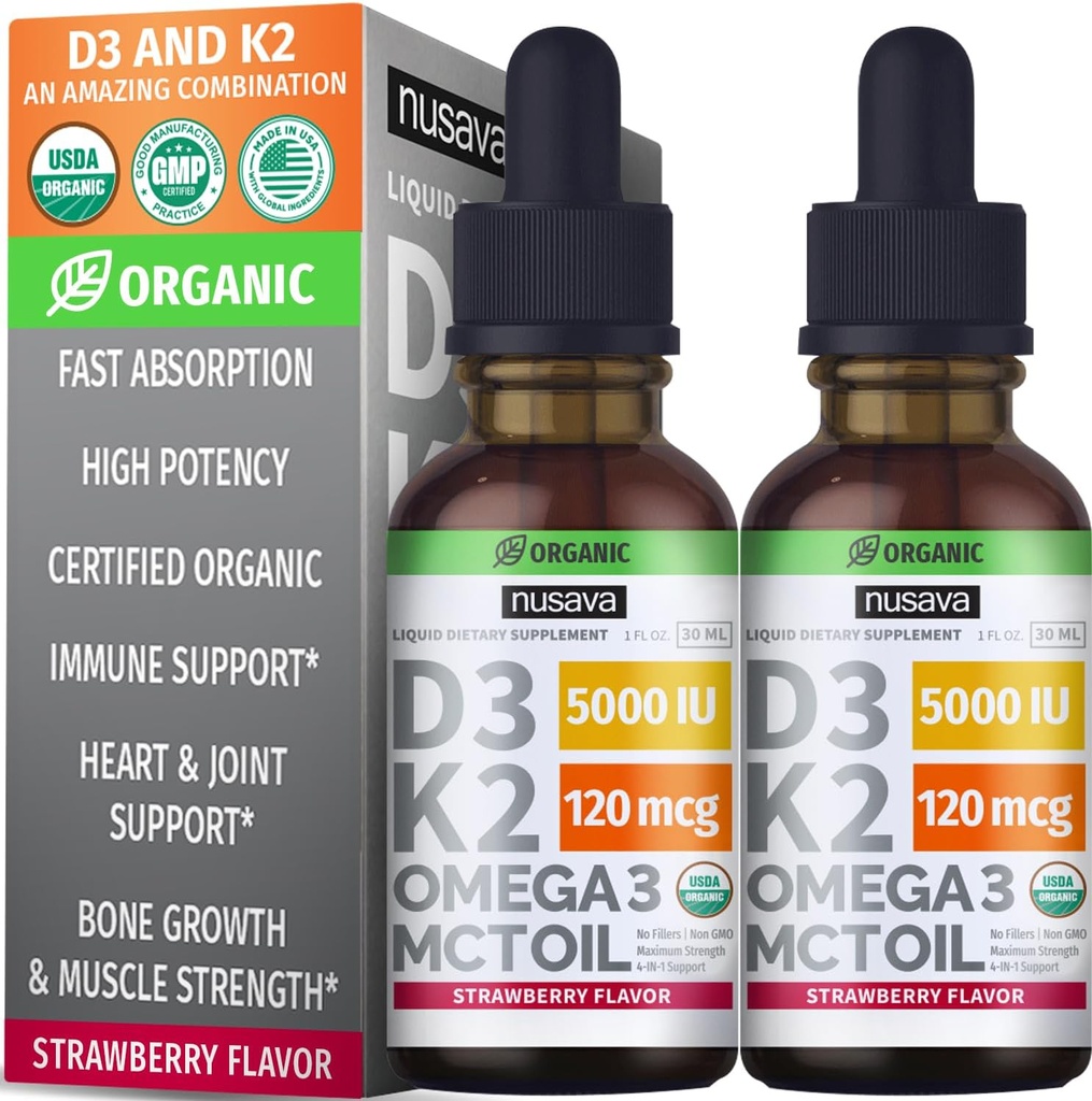 NUSAVA Vitamina B12 Liquid Drops and Strawberry Flavored D3 K2 Bundle - Potent Liquid Vitamins for Heart, Joint, Energy, &amp; Immune Support - Non-GMO, Gluten-Free, 2pk Every