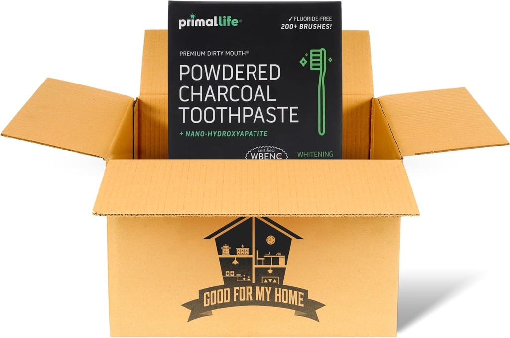 Charcoal Activado Primal Life Organics 1 oz Toothpowder: Organic Vegan Blend, Kaolin &amp; Bentonite Clay, Essential Oils - Black Spearmint for 200+ Brushings. GFMH Box Included.