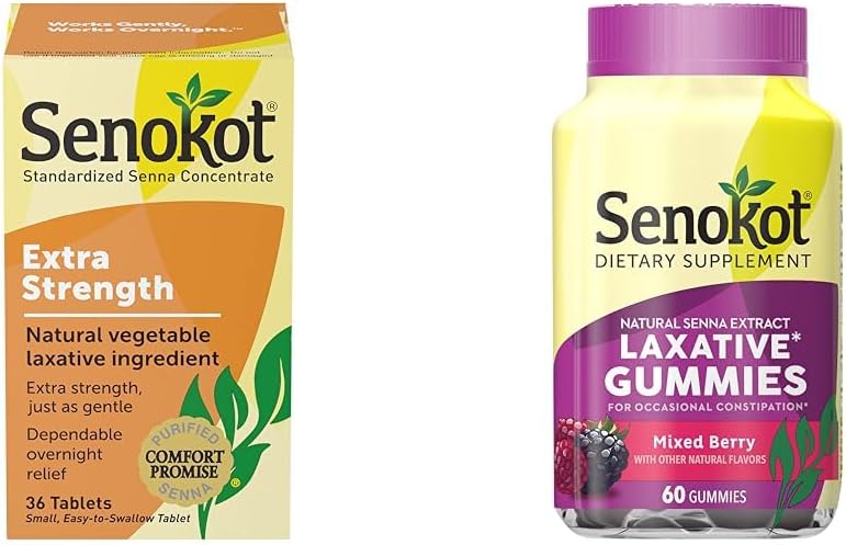 Senokot Extra Strength Natural Vegetable Laxative for Gentle Overnight Relief Occasional Constipation, 36 Conde &amp; Dietary Supplement Laxative Gummies, Natural Senna Extract, Gentle
