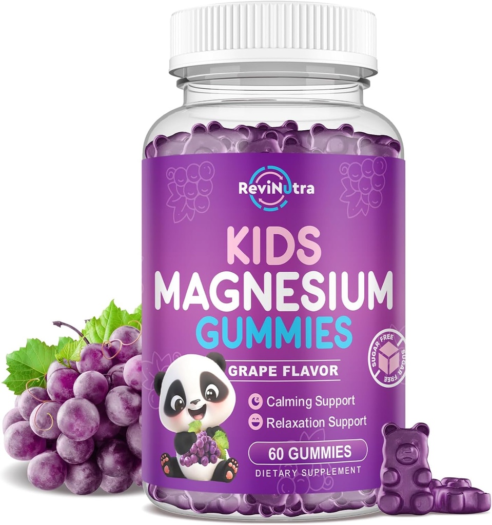Magnesio Gummies para niños, Citrate de Magnesio Libre de Azúcar Gummies, Grandes Mangas de Magnesio Apaciguador para Adultos &amp; Niños, Apoyo al sueño, Bone &amp; Muscle Health, Relajación Nerve, Gummies de 60 Grape