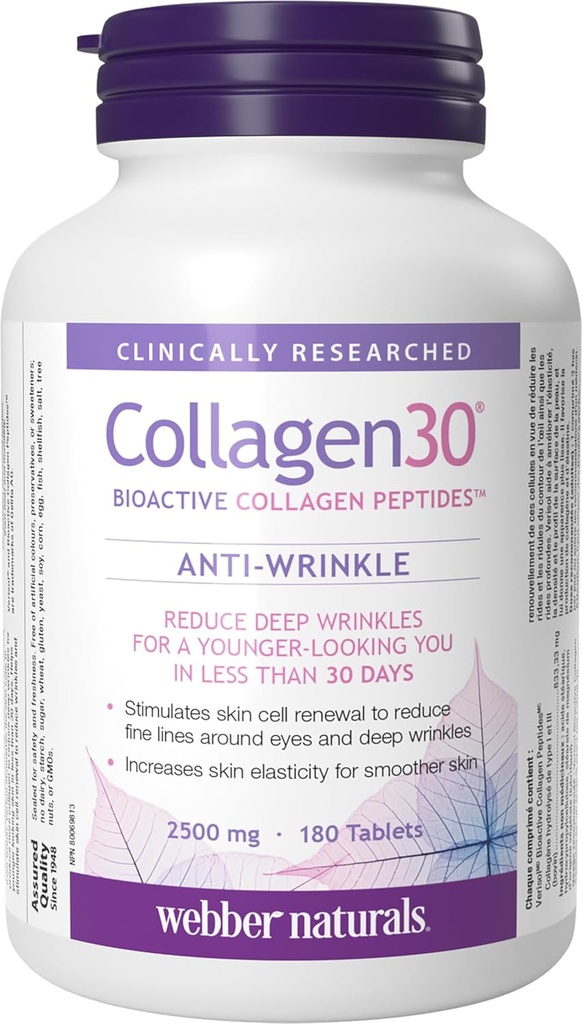 Webber Naturals Collagen30 Anti-Wrinkle, 2.500 mg de péptidos de colágeno bioactivo por ser, 180 Tablets, Ayuda a reducir las arrugas profundas, líneas finas &amp; estimula las células de la piel, no GMO, lácteo &amp; gluten Gratis