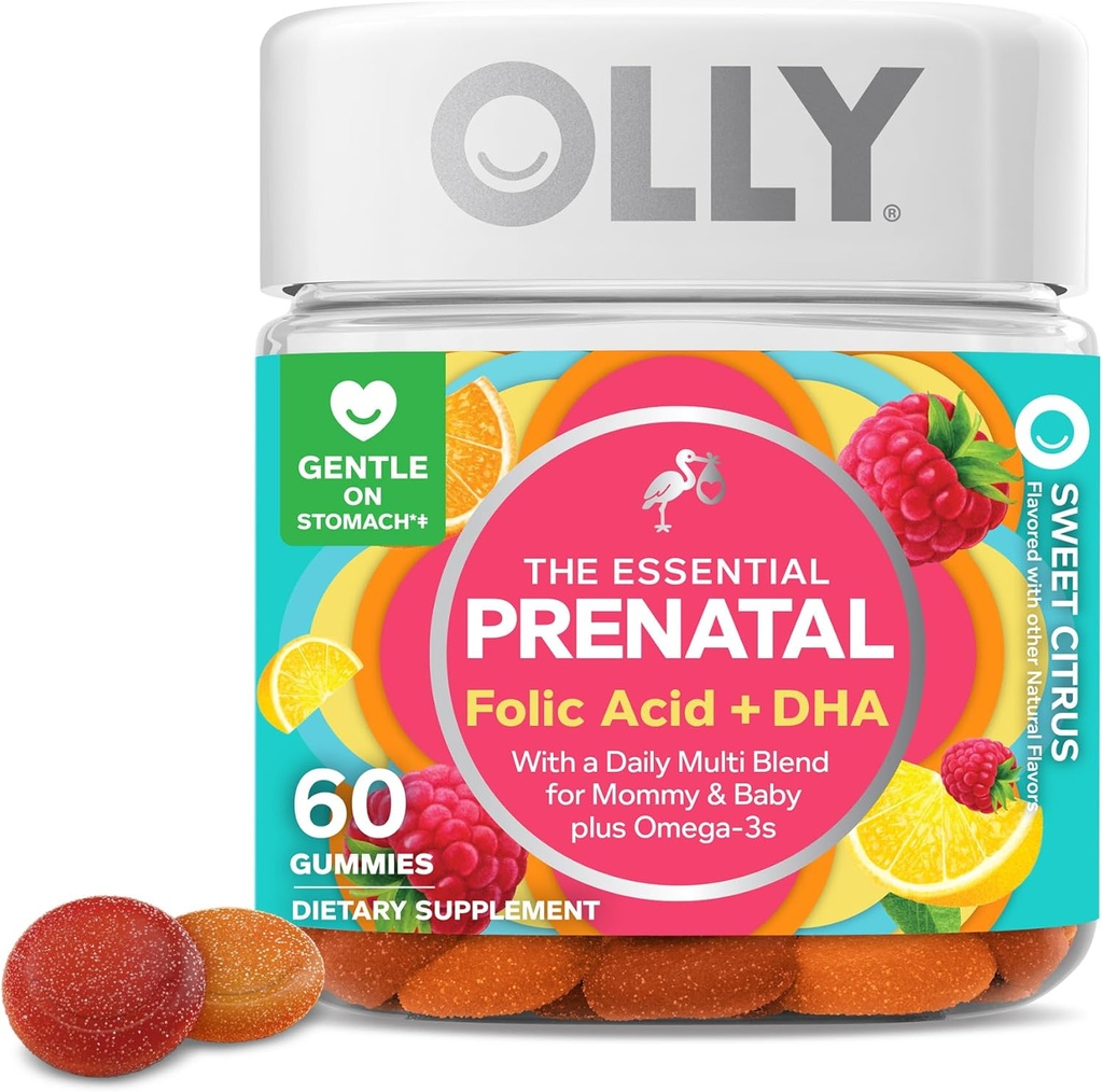 OLLY Prenatal Multivitamin Gummy, apoya el crecimiento saludable y el desarrollo del cerebro, ácido fólico, vitamina D, Omega 3 DHA, suplemento chewable, sabor a cereza, 30 días de suministro - 60 cuenta