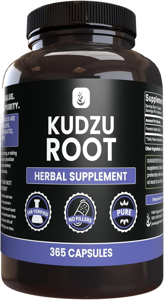 PURE ORIGINAL INGREDIENTES Kudzu Root (365 capsules), No Magnesio Or Rice Fillers, Siempre Puro, Lab Verified