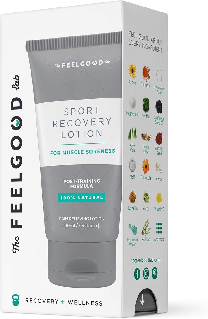 Loción de recuperación del deporte por el laboratorio de sentirse bien - 100% Natural, Ingredientes limpios - Recover from Post-Workout Muscle Soreness and Sports Injuries (3.4oz, 1 Conde)