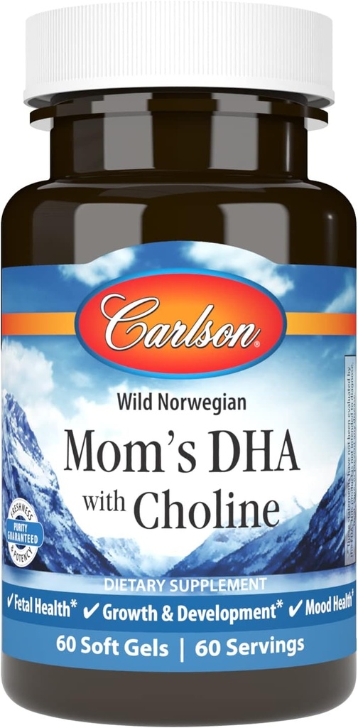 Carlson - Mom's DHA with Choline, 3:1 DHA to EPA Ratio Found in Breastmilk, Growth and Development, 60 Softgels