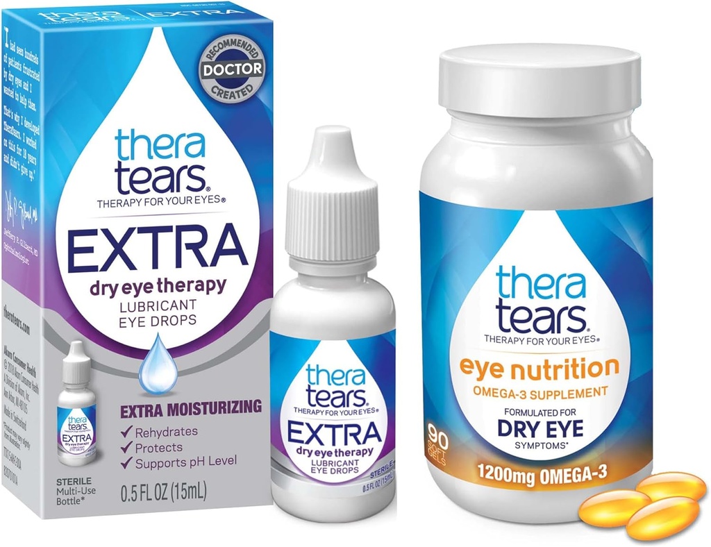 TheraTears 1200mg Omega 3 Suplemento para la Nutrición Ocular, Orgánica Flaxseed Triglyceride Fish Oil " VIT E,90 Conde Eye Drops, Extra Dry Eye Therapy,15 mL,0.5 Fl oz